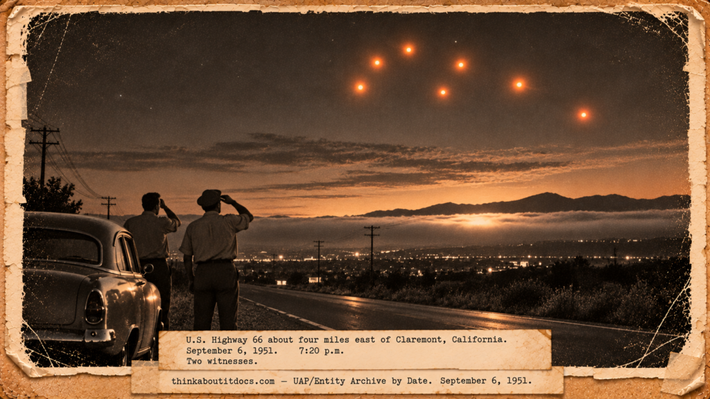 Vintage 1951 press photo style image of two men beside a parked car on Highway 66 watching six orange lights in a circle formation at dusk over Claremont California
