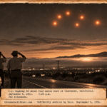 Vintage 1951 press photo style image of two men beside a parked car on Highway 66 watching six orange lights in a circle formation at dusk over Claremont California