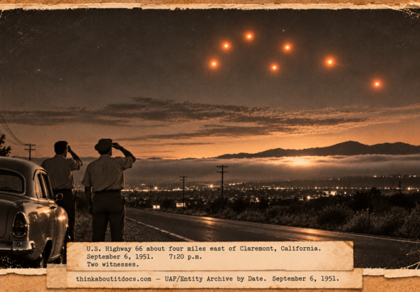 Vintage 1951 press photo style image of two men beside a parked car on Highway 66 watching six orange lights in a circle formation at dusk over Claremont California