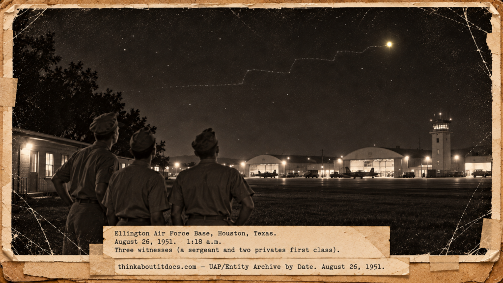 Vintage 1951 press photo style image of three airmen looking up at a bright yellow light over hangars at Ellington Air Force Base in Houston