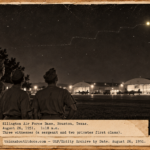 Vintage 1951 press photo style image of three airmen looking up at a bright yellow light over hangars at Ellington Air Force Base in Houston