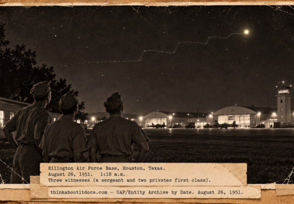 Vintage 1951 press photo style image of three airmen looking up at a bright yellow light over hangars at Ellington Air Force Base in Houston