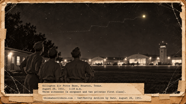 Vintage 1951 press photo style image of three airmen looking up at a bright yellow light over hangars at Ellington Air Force Base in Houston