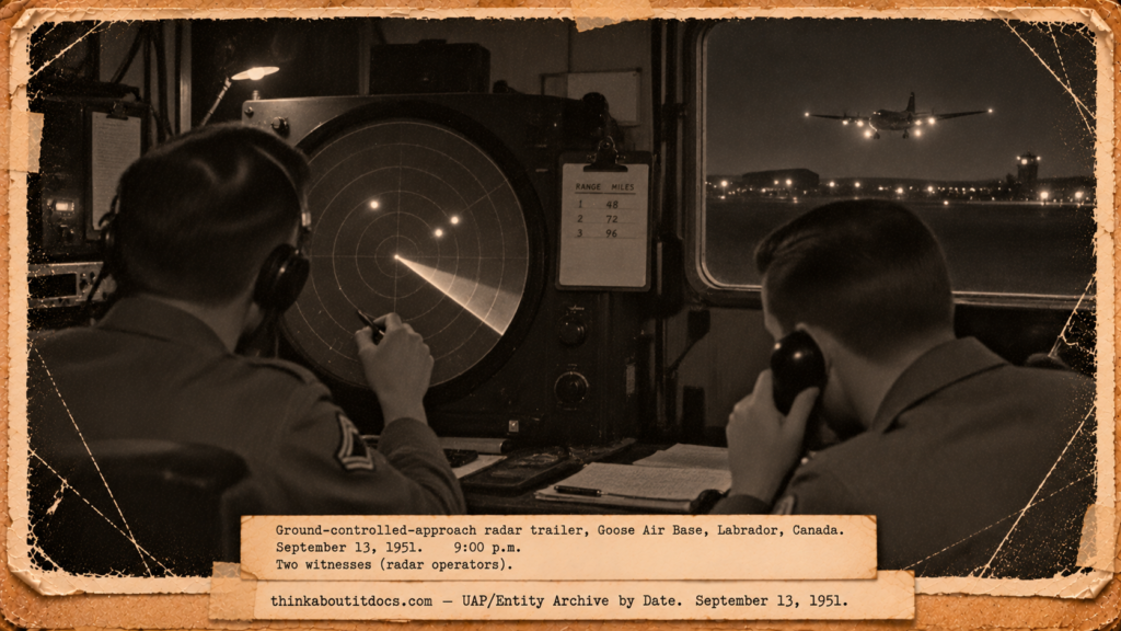 Vintage 1951 press photo style image of two radar operators in a dim GCA trailer watching three blips on a glowing scope at Goose Air Base Labrador