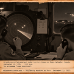 Vintage 1951 press photo style image of two radar operators in a dim GCA trailer watching three blips on a glowing scope at Goose Air Base Labrador