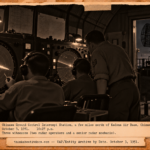 Vintage 1951 press photo style image of radar operators on Okinawa watching a long sausage-shaped blip on a round scope marked with grease pencil