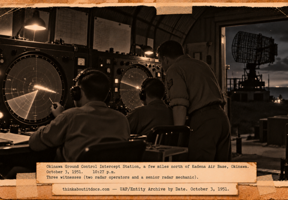 Vintage 1951 press photo style image of radar operators on Okinawa watching a long sausage-shaped blip on a round scope marked with grease pencil