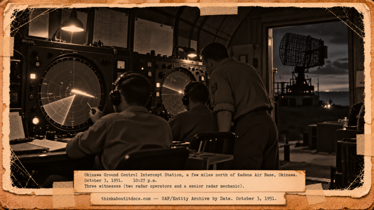 Vintage 1951 press photo style image of radar operators on Okinawa watching a long sausage-shaped blip on a round scope marked with grease pencil