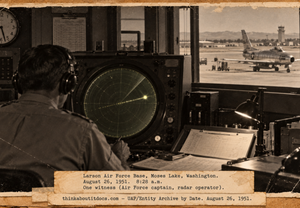 Vintage 1951 press photo style image of Air Force radar operators watching a fast unidentified blip cross a radar scope at Larson AFB while an F-86 waits outside