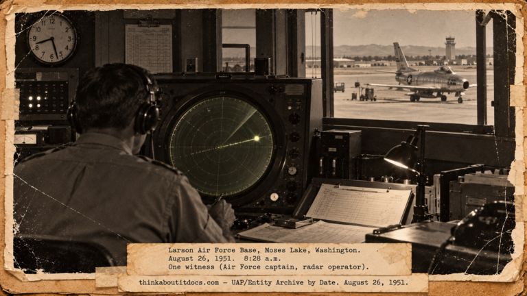 Vintage 1951 press photo style image of Air Force radar operators watching a fast unidentified blip cross a radar scope at Larson AFB while an F-86 waits outside