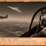 Vintage 1951 press photo style image from an F-51 cockpit showing a small white flying-wing-shaped object passing close above the wing over Minnesota