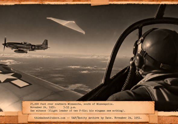 Vintage 1951 press photo style image from an F-51 cockpit showing a small white flying-wing-shaped object passing close above the wing over Minnesota
