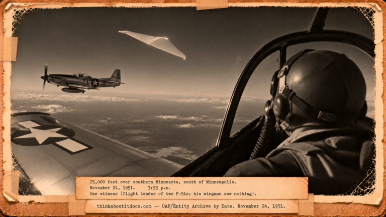 Vintage 1951 press photo style image from an F-51 cockpit showing a small white flying-wing-shaped object passing close above the wing over Minnesota
