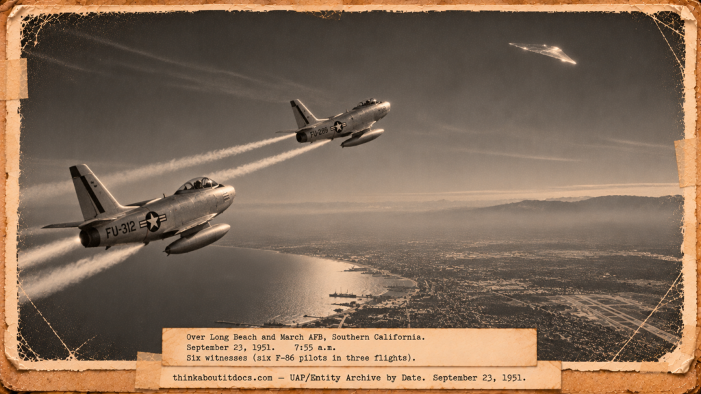Vintage 1951 press photo style image of two F-86 jets climbing toward a bright silver swept-wing object orbiting high above Southern California
