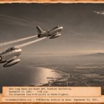 Vintage 1951 press photo style image of two F-86 jets climbing toward a bright silver swept-wing object orbiting high above Southern California