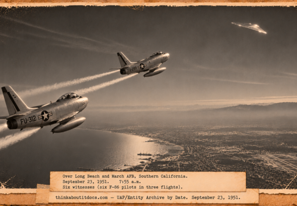 Vintage 1951 press photo style image of two F-86 jets climbing toward a bright silver swept-wing object orbiting high above Southern California