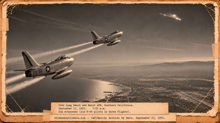 Vintage 1951 press photo style image of two F-86 jets climbing toward a bright silver swept-wing object orbiting high above Southern California