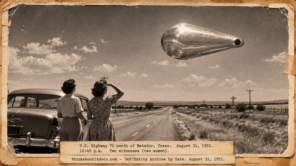 Vintage 1951 press photo style image of a silver pear-shaped object with a porthole hovering over a two-lane Texas highway while two women stand by their car
