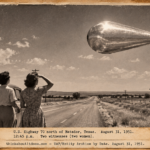 Vintage 1951 press photo style image of a silver pear-shaped object with a porthole hovering over a two-lane Texas highway while two women stand by their car