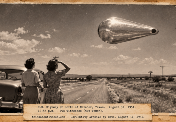 Vintage 1951 press photo style image of a silver pear-shaped object with a porthole hovering over a two-lane Texas highway while two women stand by their car