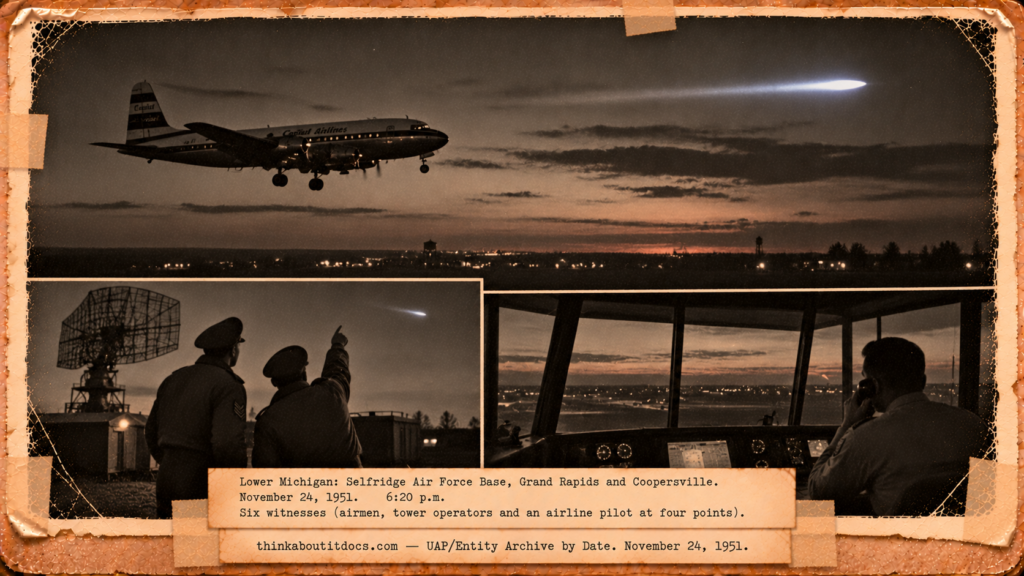 Vintage 1951 press photo style collage of a bright object crossing the sky over Michigan as airmen, a tower operator and a Capital Airlines pilot watch