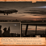 Vintage 1951 press photo style collage of a bright object crossing the sky over Michigan as airmen, a tower operator and a Capital Airlines pilot watch