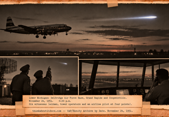 Vintage 1951 press photo style collage of a bright object crossing the sky over Michigan as airmen, a tower operator and a Capital Airlines pilot watch