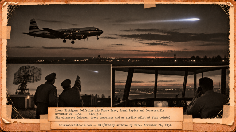 Vintage 1951 press photo style collage of a bright object crossing the sky over Michigan as airmen, a tower operator and a Capital Airlines pilot watch
