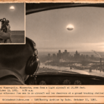 Vintage 1951 press photo style image of a glowing halo-ringed object climbing in lazy circles above Minneapolis as seen from an aircraft cockpit near a research balloon