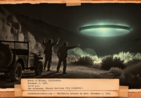 Vintage 1951 press photo style image of two forest lookouts waving beside a jeep as a blue-green disc with a level green band hovers nearby on a canyon road north of Mojave, California