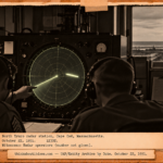 Vintage 1951 press photo style image of radar operators at a Cape Cod radar scope watching a fast sausage-shaped blip sweep across the screen