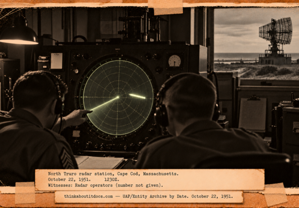 Vintage 1951 press photo style image of radar operators at a Cape Cod radar scope watching a fast sausage-shaped blip sweep across the screen