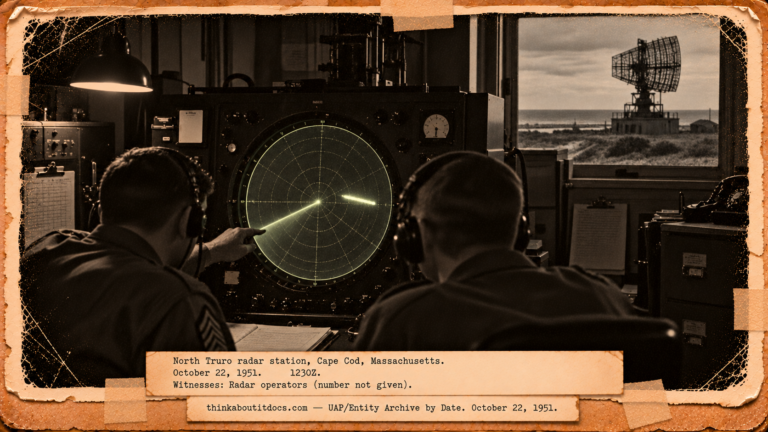 Vintage 1951 press photo style image of radar operators at a Cape Cod radar scope watching a fast sausage-shaped blip sweep across the screen