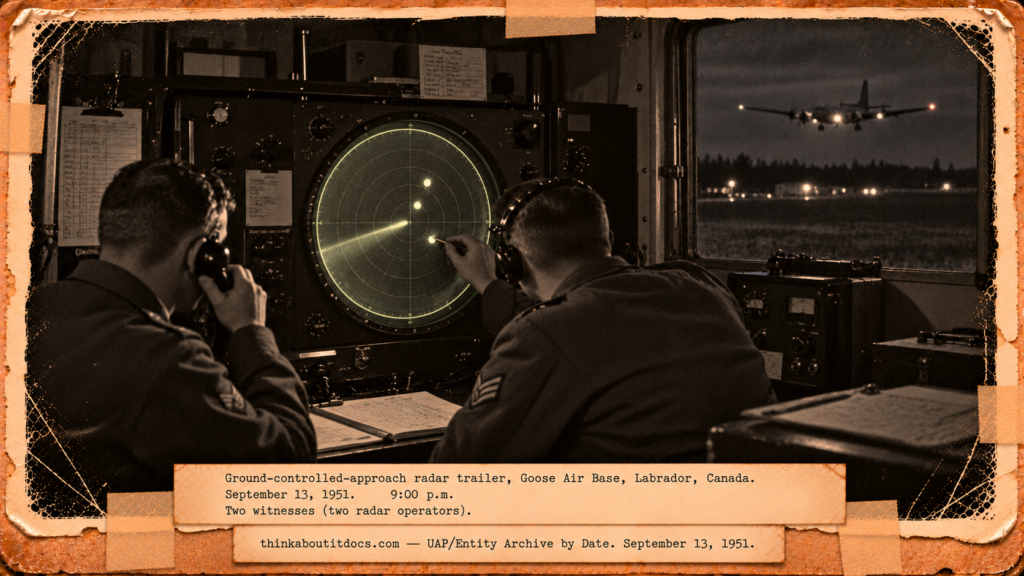 Vintage 1951 press photo style image of a security guard in a tower at the K-25 plant watching a square gray object hover above a ridge under low clouds