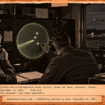 Vintage 1951 press photo style image of a security guard in a tower at the K-25 plant watching a square gray object hover above a ridge under low clouds