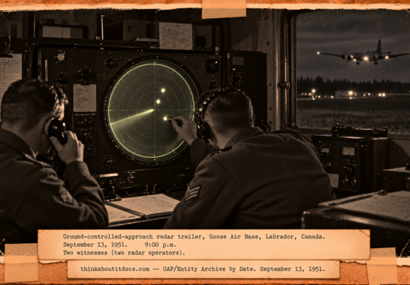 Vintage 1951 press photo style image of a security guard in a tower at the K-25 plant watching a square gray object hover above a ridge under low clouds
