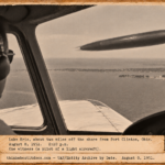 Vintage 1951 press photo style image from a plane cockpit of a dark cigar-shaped object speeding past over Lake Erie near Port Clinton Ohio