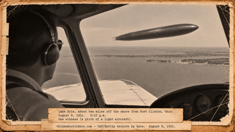 Vintage 1951 press photo style image from a plane cockpit of a dark cigar-shaped object speeding past over Lake Erie near Port Clinton Ohio