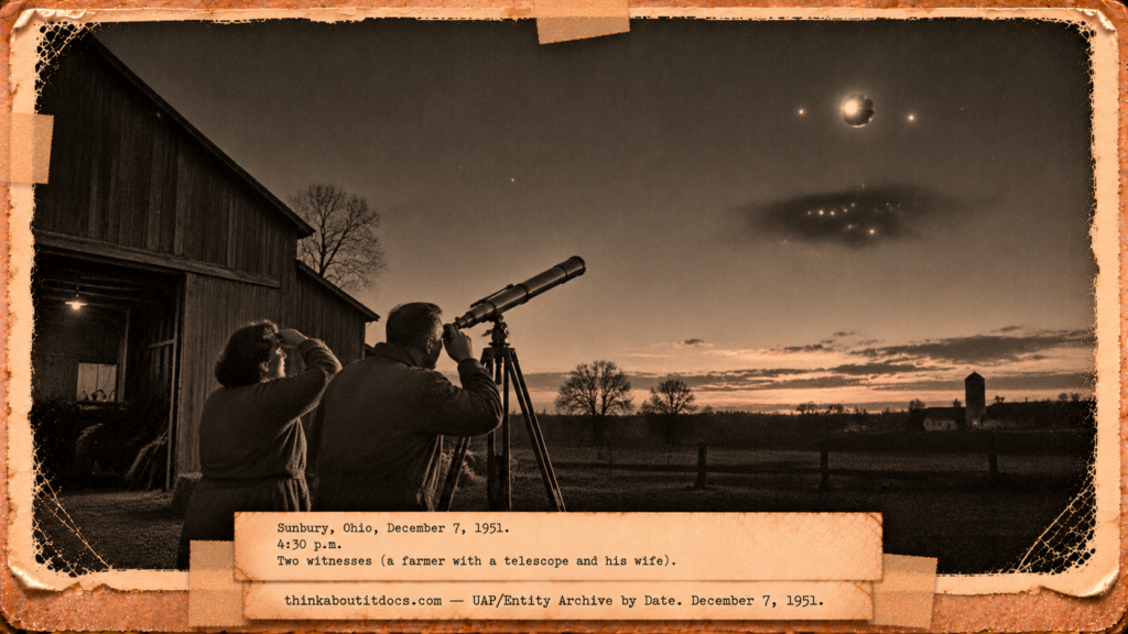Vintage 1951 press photo style image of a farmer and his wife beside a barn looking through a telescope at a silvery sphere with small lights and a dark cloud over Ohio