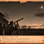 Vintage 1951 press photo style image of a farmer and his wife beside a barn looking through a telescope at a silvery sphere with small lights and a dark cloud over Ohio