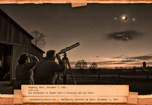 Vintage 1951 press photo style image of a farmer and his wife beside a barn looking through a telescope at a silvery sphere with small lights and a dark cloud over Ohio