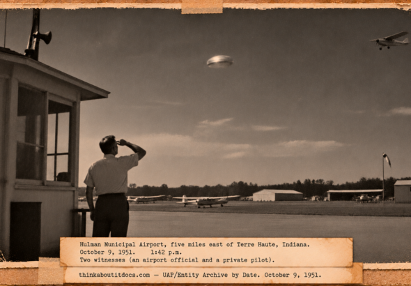 Vintage 1951 press photo style image of an airport official watching a small round silver object streak overhead at Hulman Field, Terre Haute, Indiana