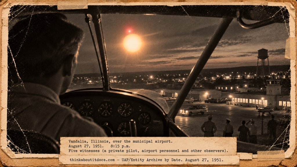 Vintage 1951 press photo style image of a blinding orange light with a red light on top circling a light plane over a small Illinois airfield at night