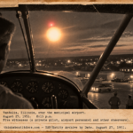 Vintage 1951 press photo style image of a blinding orange light with a red light on top circling a light plane over a small Illinois airfield at night