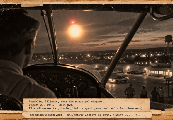 Vintage 1951 press photo style image of a blinding orange light with a red light on top circling a light plane over a small Illinois airfield at night