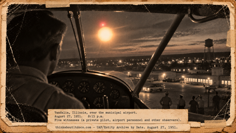 Vintage 1951 press photo style image of a blinding orange light with a red light on top circling a light plane over a small Illinois airfield at night