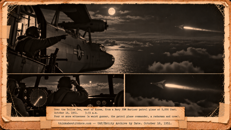 Vintage 1951 press photo style image of a Navy PBM Mariner flying boat at night over the Yellow Sea chasing a swept-wing craft with a long glowing flame
