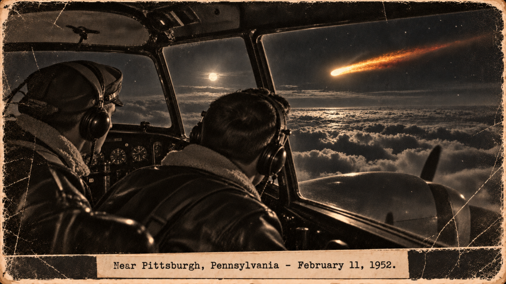 Illustration of two pilots in an AT-11 cockpit watching a pulsing orange comet-shaped flame over a moonlit cloud bank near Pittsburgh, February 11, 1952
