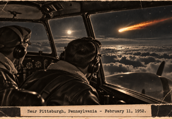 Illustration of two pilots in an AT-11 cockpit watching a pulsing orange comet-shaped flame over a moonlit cloud bank near Pittsburgh, February 11, 1952
