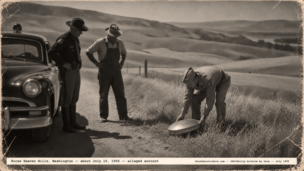 1950-style illustration of a patrolman and an Army officer lifting a small saucer-shaped metal disc in the Horse Heaven Hills